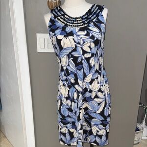 Tommy Bahama Black, Blue & Cream Floral Sheath Dress with Beaded Neckline